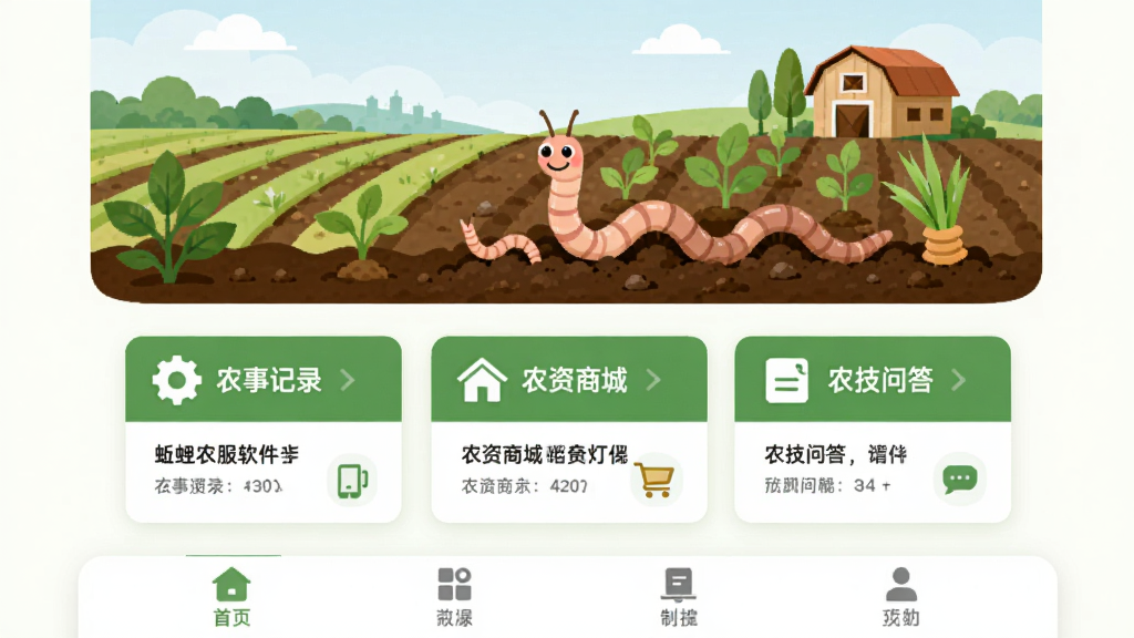 蚯蚓农服软件主界面展示,上方为农田与蚯蚓松土的插画,中部排列农事记录、农资商城、农技问答功能卡片,下方为底部导航栏,整体绿色清新风格,布局简洁明了,扁平化设计,画质清晰干净,无多余元素