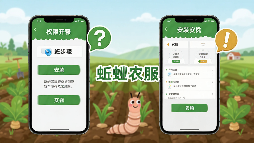 蚯蚓农服新手操作示意图,手机屏幕展示权限开启步骤与安装界面,旁边有问号与提示图标,背景为农田与手机插画,画面中央有