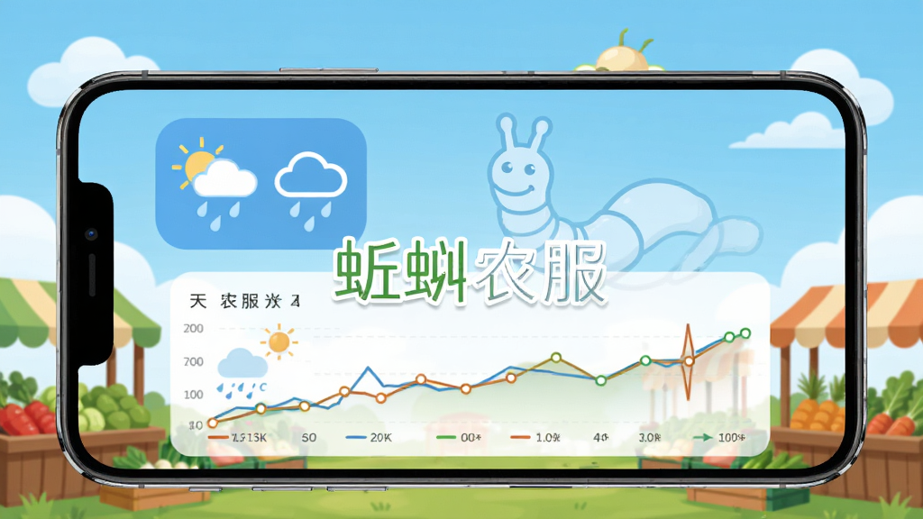 蚯蚓农服天气与行情页面,手机屏幕显示天气预报图标与农产品价格折线图,背景为天空与市场摊位插画,画面中央有