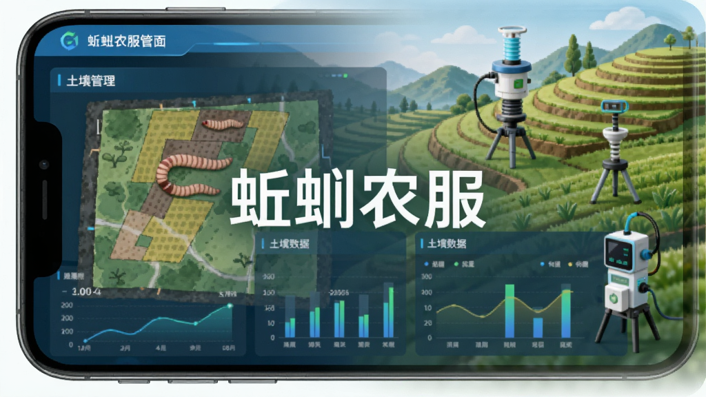 蚯蚓农服地块管理界面,手机屏幕展示地块地图与土壤数据图表,背景为梯田与检测仪器插画,画面中央有