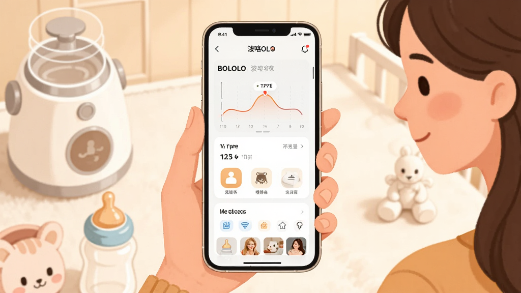 主体是一位年轻母亲手持智能手机,屏幕上显示BOLOLO波咯咯应用界面,背景是温馨的婴儿房,布局为手机屏幕特写居中,周围环绕温奶器、奶瓶等母婴用品,排版采用柔和暖色调,风格为现代简约插画风,细节包含应用界面上的温度曲线、喂养记录图标,画质高清,干净,无多余元素