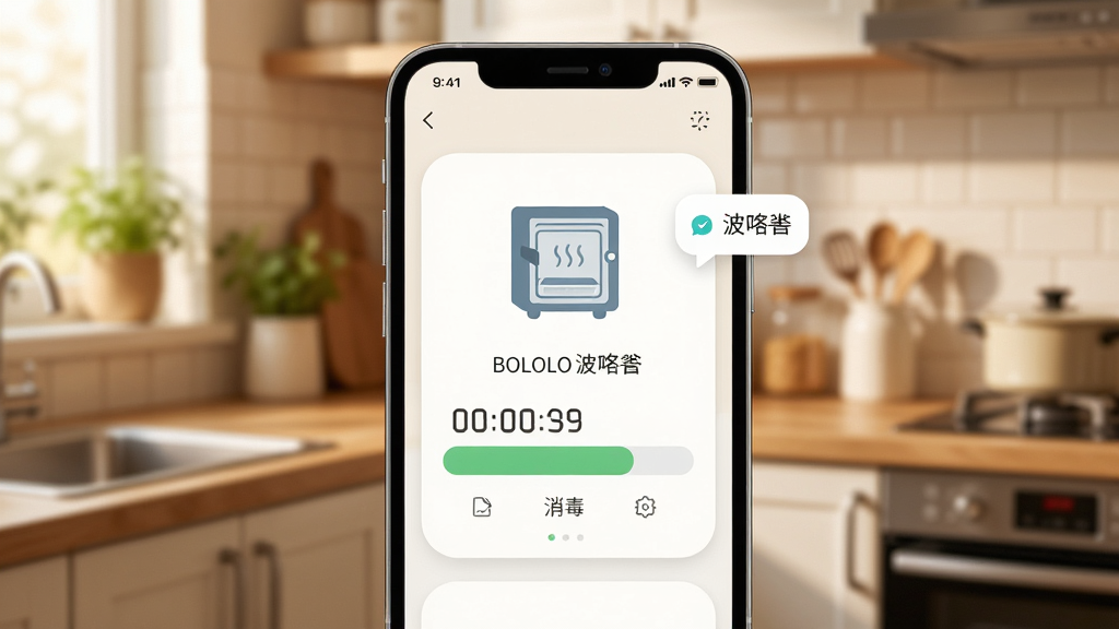 主体是BOLOLO波咯咯应用连接消毒柜的远程控制界面,布局为手机屏幕居中显示消毒进度条,背景为厨房场景,排版采用卡片式设计,风格为温馨家居风,细节包含消毒柜图标、倒计时数字、通知气泡,画质高清,干净,无多余元素