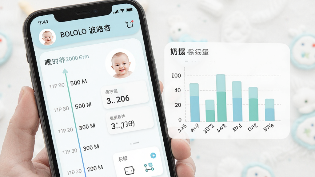 主体是BOLOLO波咯咯应用内的喂养记录页面,布局为手机屏幕展示数据图表,左侧为喂养时间轴,右侧为奶量柱状图,排版简洁,风格为清新浅色系,细节包含宝宝头像、数据统计卡片,画质高清,干净,无多余元素