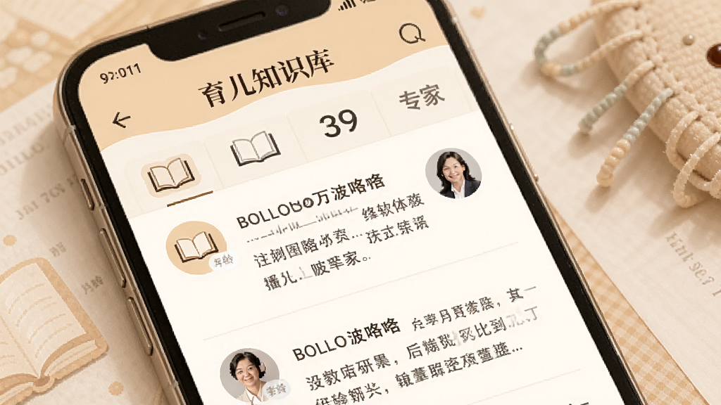 主体是BOLOLO波咯咯应用内的育儿知识库页面,布局为手机屏幕展示文章列表和分类标签,排版采用杂志风格,风格为温暖柔和色调,细节包含书本图标、月龄标签、专家头像,画质高清,干净,无多余元素