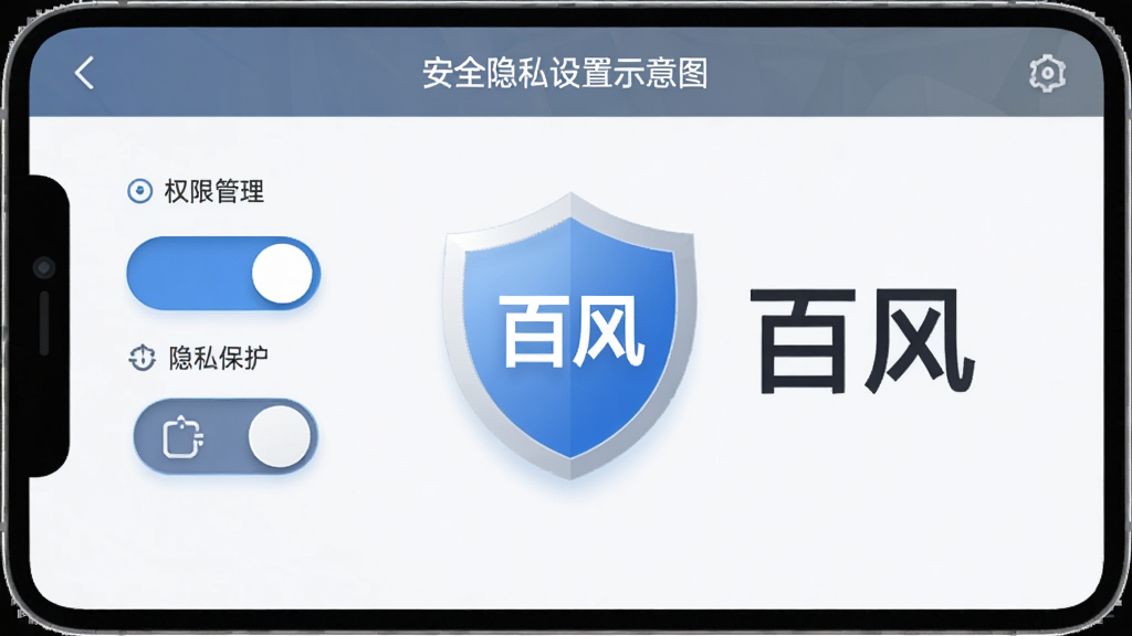 百风APP安全隐私设置页面示意图,画面展示权限管理开关和隐私保护图标,中心有盾牌形状的安全标识,旁边写有