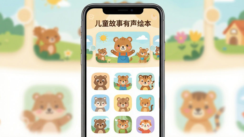 儿童故事有声绘本应用主界面展示,主体为一台智能手机屏幕中呈现色彩柔和的绘本故事封面墙,布局采用上下分层结构,上方为轮播推荐位下方为九宫格故事分类入口,排版整洁留白适中,风格为扁平化卡通插画风,细节包括圆角图标、暖色调背景、可爱动物角色点缀,画质清晰干净无多余元素,画面中文字“儿童故事有声绘本”置于顶部居中位置