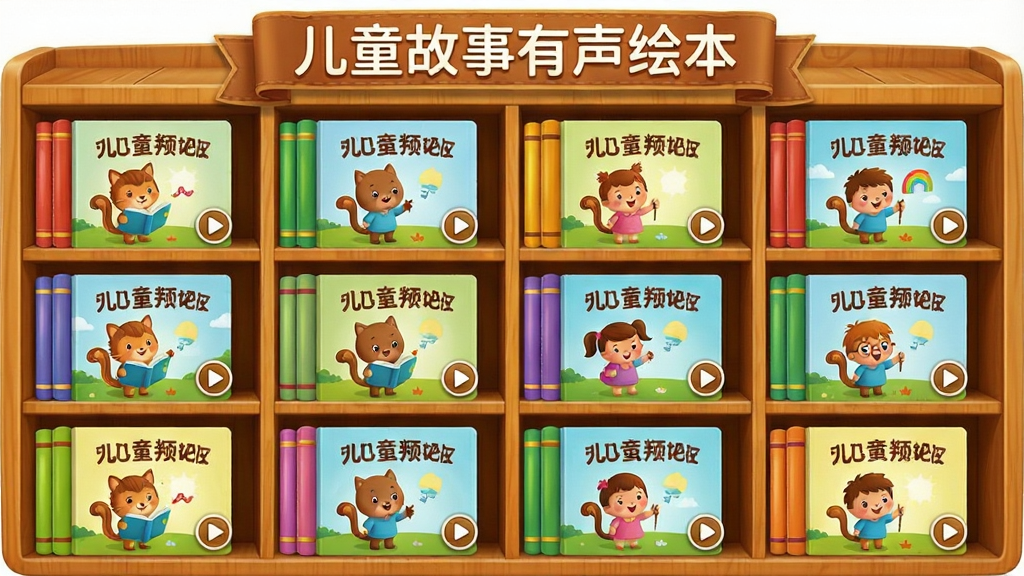 儿童故事有声绘本资源库界面,主体为一面巨大的虚拟书架,布局采用网格排列每行四本绘本封面,排版整齐有序,风格为温暖木质书架与彩色书脊搭配的写实卡通风格,细节包括绘本封面上的卡通角色、书名标签、播放按钮图标,画质高清干净无多余元素,画面中文字“儿童故事有声绘本”出现在书架顶部横幅位置