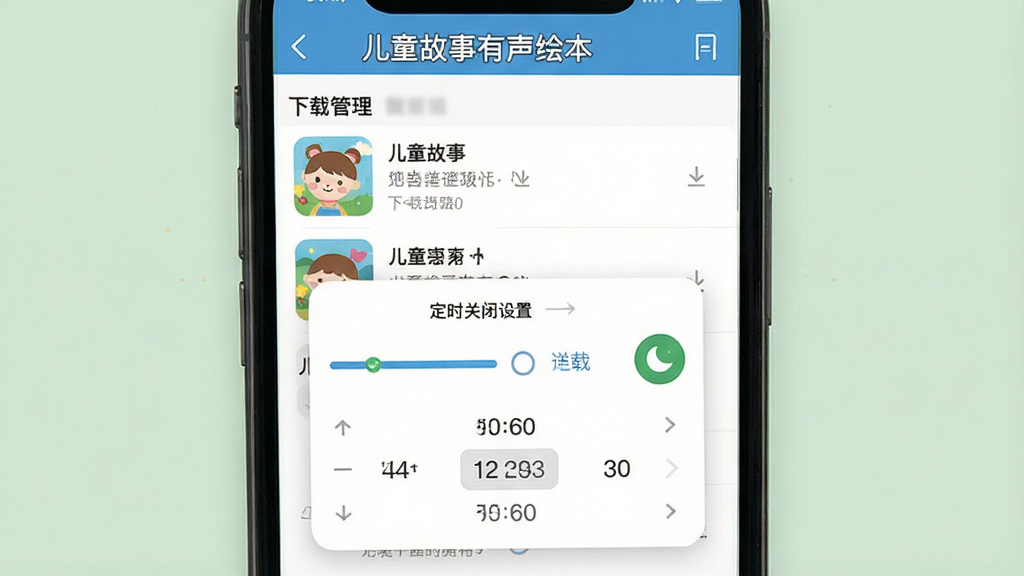 儿童故事有声绘本离线缓存与后台播放功能展示,主体为手机屏幕中显示下载管理界面与定时关闭设置弹窗,布局采用上下结构上方为已缓存故事列表下方为定时选项,排版清晰层级分明,风格为扁平化清爽设计,细节包括进度条、下载完成对勾图标、月亮图标与时间选择器,画质干净无多余元素,画面中文字“儿童故事有声绘本”显示在界面顶部标题栏