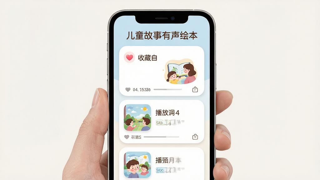 儿童故事有声绘本亲子互动收藏界面,主体为手机屏幕中显示收藏夹与播放列表管理页面,布局采用卡片式纵向排列,排版宽松舒适,风格为柔和圆角卡通风格,细节包括爱心收藏图标、播放列表封面、家长与孩子一起听故事的插画元素,画质清晰干净无多余元素,画面中文字“儿童故事有声绘本”位于页面顶部