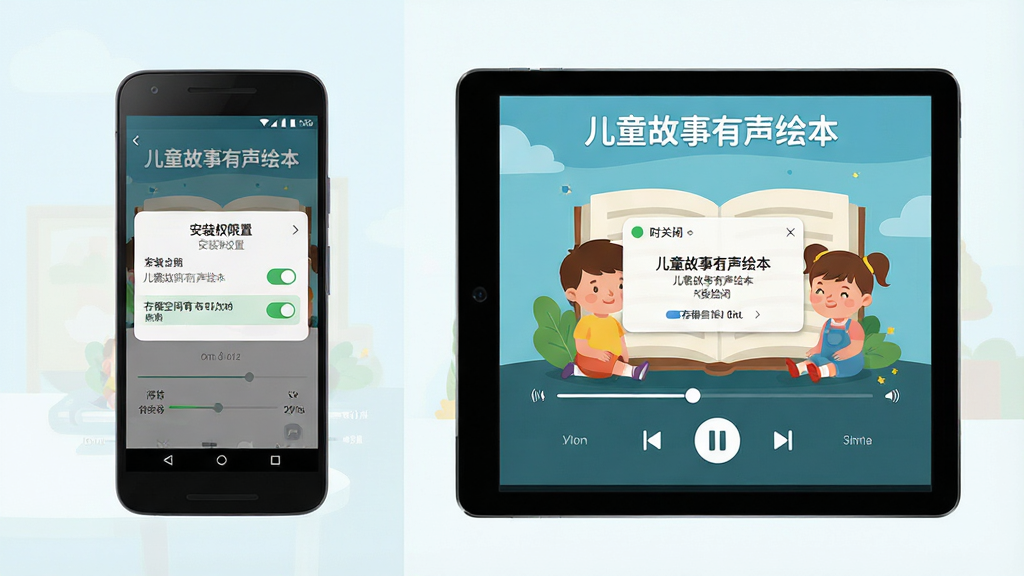 儿童故事有声绘本移动端使用教程示意图,主体为一部安卓手机与一部平板电脑并排展示,布局采用左右对比形式左侧手机显示安装权限设置界面右侧平板显示播放界面,排版清晰直观,风格为扁平化科技插画风,细节包括权限开关按钮、播放控制条、定时关闭弹窗、存储空间指示条,画质干净无多余元素,画面中文字“儿童故事有声绘本”分别显示在两台设备屏幕顶部