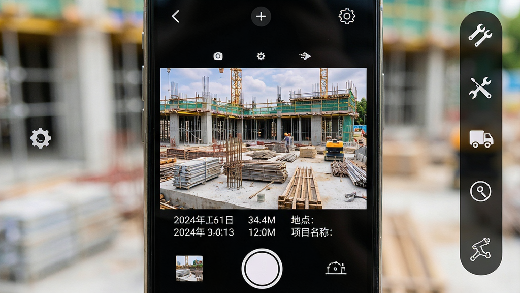 一张手机屏幕展示水印工作相机应用界面的图片,画面中央是相机取景框,取景框内显示清晰的建筑工地场景,画面底部叠加着包含日期、时间、地点和项目名称的水印信息条,手机周围有简洁的工具栏图标,整体布局为手机正面视角,风格写实清晰,细节包括水印文字清晰可辨、界面按钮排列整齐、光线明亮自然,画质高清,干净,无多余元素