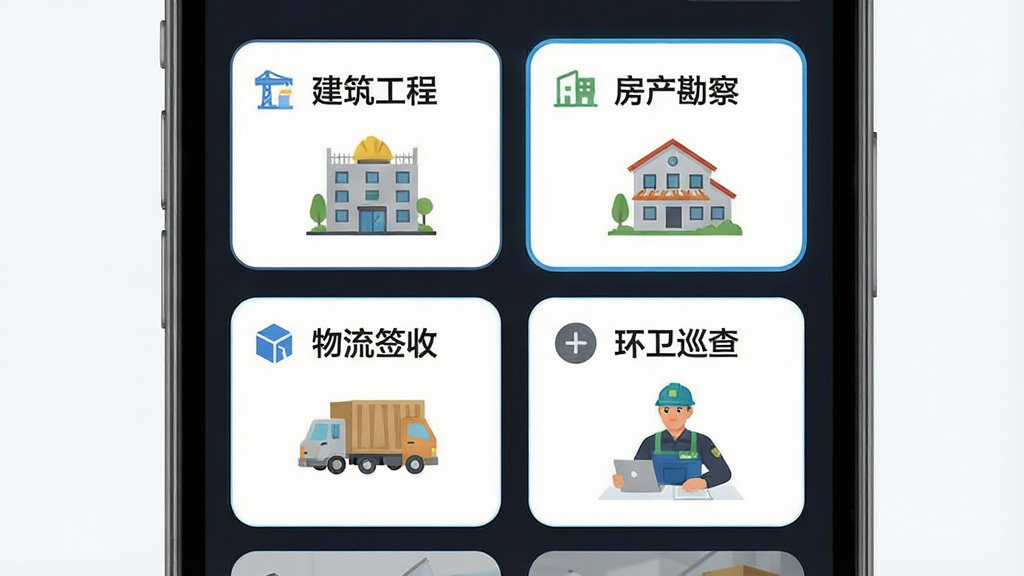 一张展示水印工作相机模板选择界面的图片,屏幕中排列着多个行业水印模板卡片,卡片上分别标注“建筑工程”“房产勘察”“物流签收”“环卫巡查”等字样,每张卡片配有缩略示意图,布局为两列网格排列,风格清新扁平,细节包括卡片圆角、图标简洁、选中状态高亮,画质高清,干净,无多余元素