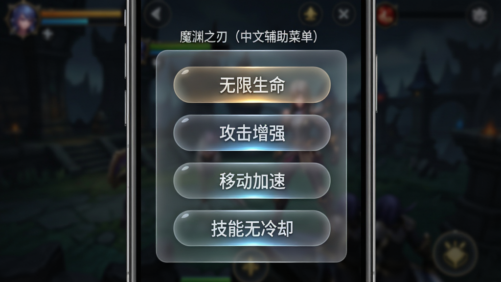 一张手机屏幕特写风格图片,画面中央展示一个半透明悬浮的中文辅助菜单面板,面板上排列着“无限生命”“攻击增强”“移动加速”“技能无冷却”等中文按钮,按钮为圆角矩形排列整齐,背景为暗色游戏场景模糊处理,画面排版为竖版手机比例,风格为科技感游戏UI,细节包含按钮高光、半透明磨砂玻璃质感,画质高清,画面干净,无多余元素,面板顶部标注“魔渊之刃(中文辅助菜单)”