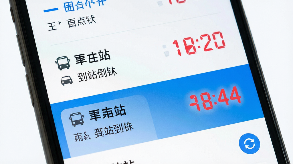 公交地铁到站通实时到站预报功能展示图,主体为手机屏幕特写,屏幕上显示附近公交站点列表与车辆到站倒计时数字,布局为纵向列表式,排版左侧为站名与线路号,右侧为红色倒计时秒数,风格为清爽浅色UI,细节包含蓝色高亮选中条、公交小图标、刷新按钮,画质清晰干净无多余元素