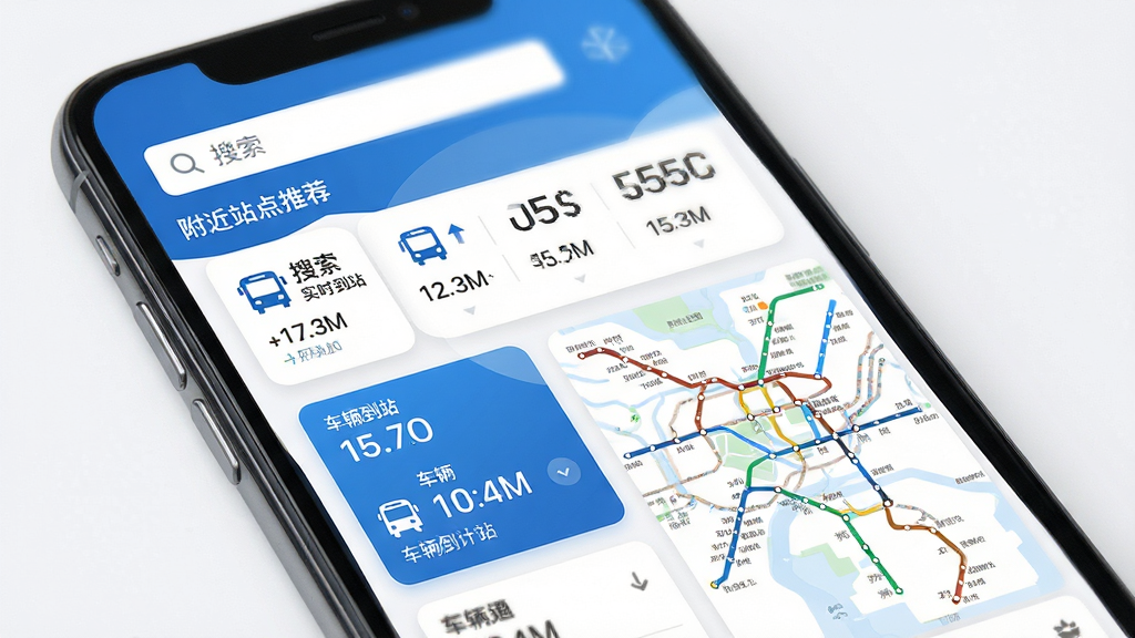 公交地铁到站通软件主界面预览图,主体为一部智能手机,屏幕上显示公交实时到站列表与地铁线路图,布局采用上下分栏结构,上方为搜索框与附近站点推荐,下方为车辆到站倒计时卡片,排版整洁清晰,风格为现代扁平化科技风,细节包含蓝色主题色、站名文字、时间数字、车辆图标,画质高清干净无多余元素