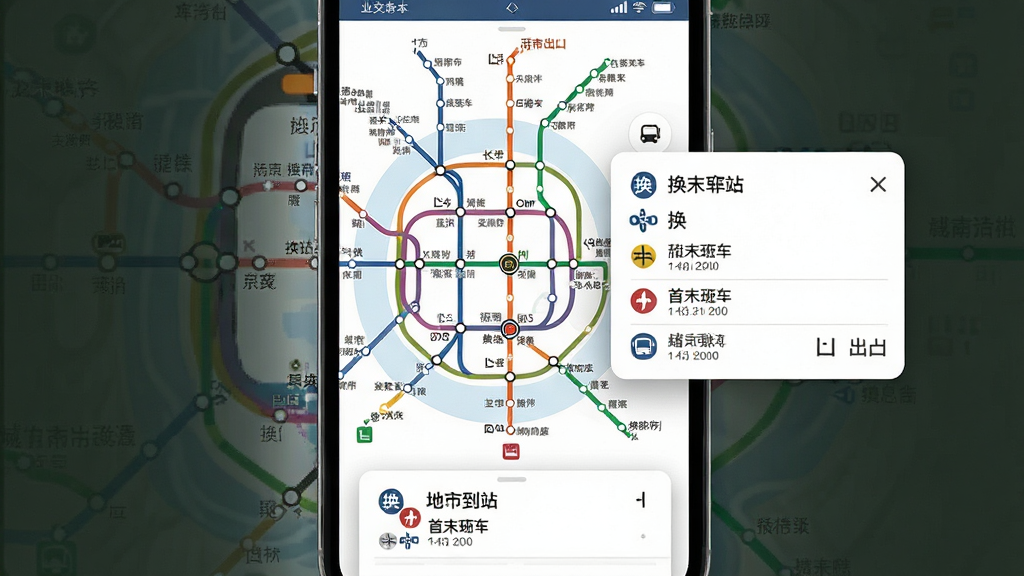 公交地铁到站通地铁线路图功能界面,主体为手机屏幕,屏幕上显示城市地铁线路网络图与站点详情弹窗,布局为中心放射状线路图搭配底部信息卡片,排版线路用不同颜色区分,站点用小圆点标注,风格为现代简约风,细节包含换乘标识、首末班车时间文字、出口信息,画质高清干净无多余元素