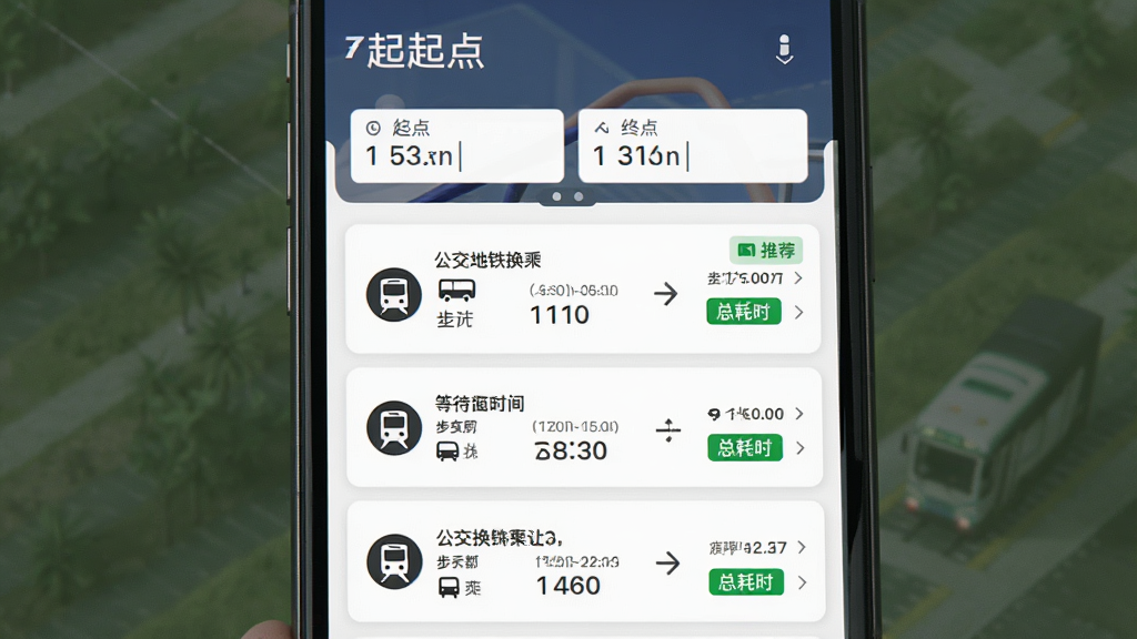 公交地铁到站通换乘方案推荐界面,主体为手机屏幕显示公交换地铁的路线规划卡片,布局为上下分段式,上方为起点终点输入框,下方为多种换乘方案列表,排版每条方案包含步行时间、等待时间、总耗时,风格为商务简约风,细节包含公交图标、地铁图标、箭头指示、绿色推荐标签,画质高清干净无多余元素