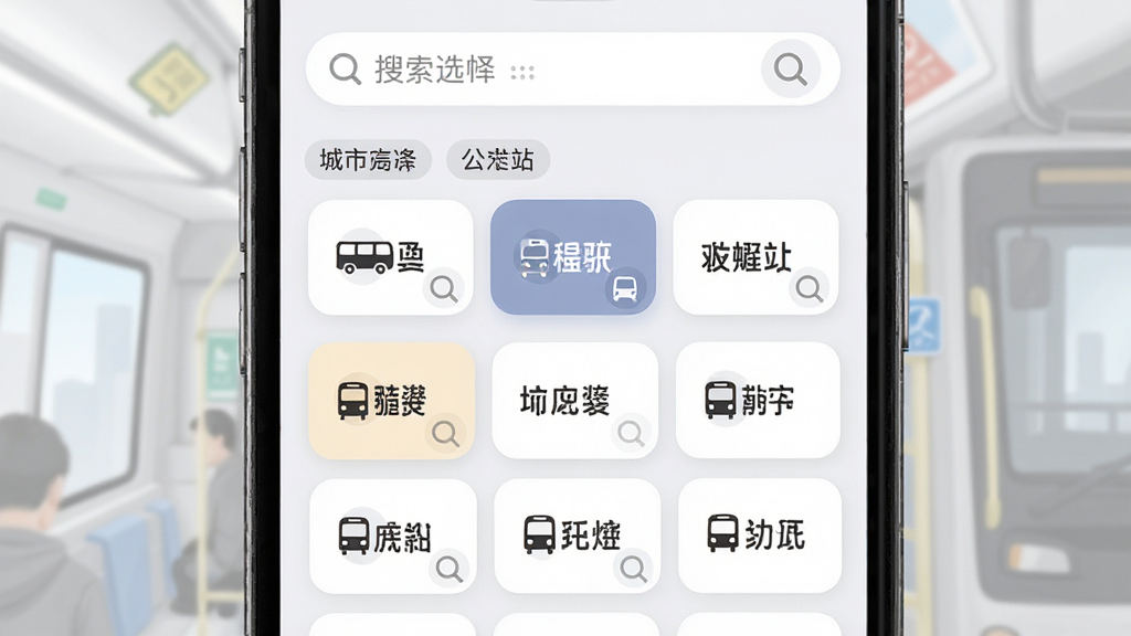 公交地铁到站通多城市切换功能示意图,主体为手机屏幕展示城市选择列表,布局为顶部搜索框加下方城市名称网格排列,排版每个城市以卡片形式展示并附带公交地铁图标,风格为柔和圆角设计,细节包含选中高亮状态、省份分类标签、搜索放大镜图标,画质清晰干净无多余元素