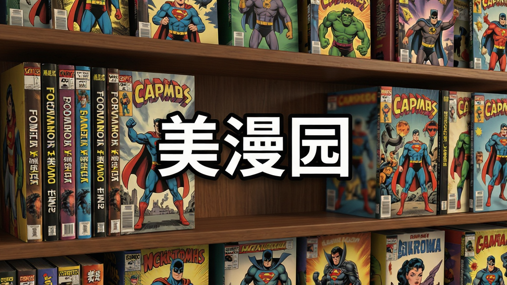 一个虚拟书架场景,书架上排列着多本美式漫画封面,封面风格各异,画面中央有“美漫园”标志,布局为书架占满画面,排版错落有致,风格为写实插画风,细节包括漫画书脊上的标题和色彩斑斓的封面图案,画质高清干净无多余元素