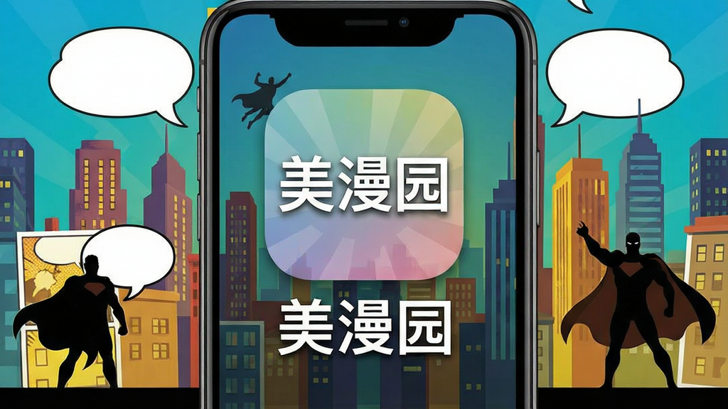 一个手机屏幕展示漫画阅读界面,画面中央是“美漫园”应用图标和名称,背景是多彩的美式漫画风格城市天际线,布局为居中大图标加下方文字,排版简洁明快,风格为现代扁平化设计,细节包括漫画对话框和超级英雄剪影,画质高清干净无多余元素