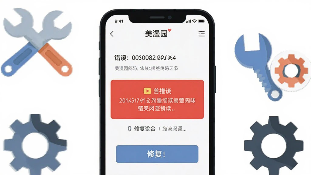 一个手机屏幕显示“美漫园”阅读界面出现错误提示,画面旁边有扳手和齿轮图标表示修复工具,布局为手机居中加周围工具元素,排版简洁,风格为扁平化插画风,细节包括错误代码和修复按钮,画质高清干净无多余元素