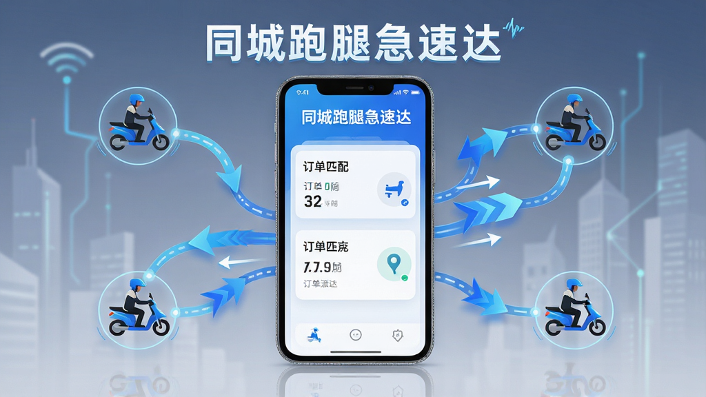 一张表现同城跑腿急速达智能派单功能的图片,主体为手机屏幕显示订单匹配动画,周围环绕多个骑手图标与路线连接线,布局居中,风格科技感与简洁结合,细节包含“同城跑腿急速达”文字和动态派单箭头,画质高清,干净,无多余元素