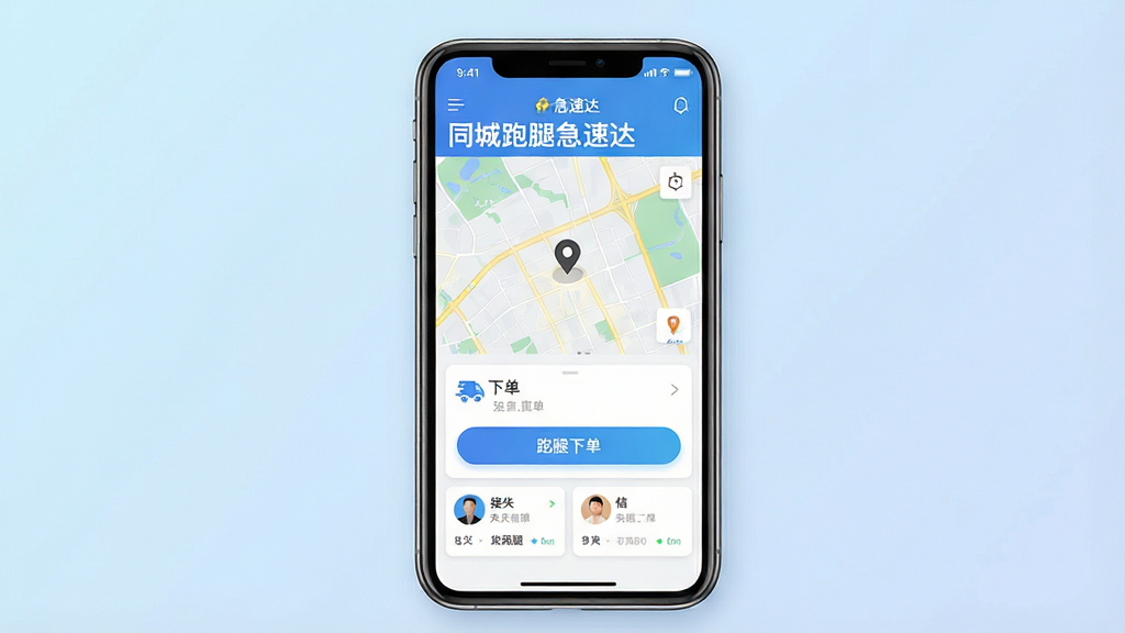 一张展示同城跑腿急速达手机应用界面的图片,主体为一部竖屏智能手机,屏幕中显示应用首页,包含地图定位、跑腿下单按钮和骑手接单信息卡片,背景为浅蓝色渐变,布局简洁清晰,风格现代简约,细节上突出“同城跑腿急速达”应用名称和跑腿服务图标,画质高清,干净,无多余元素