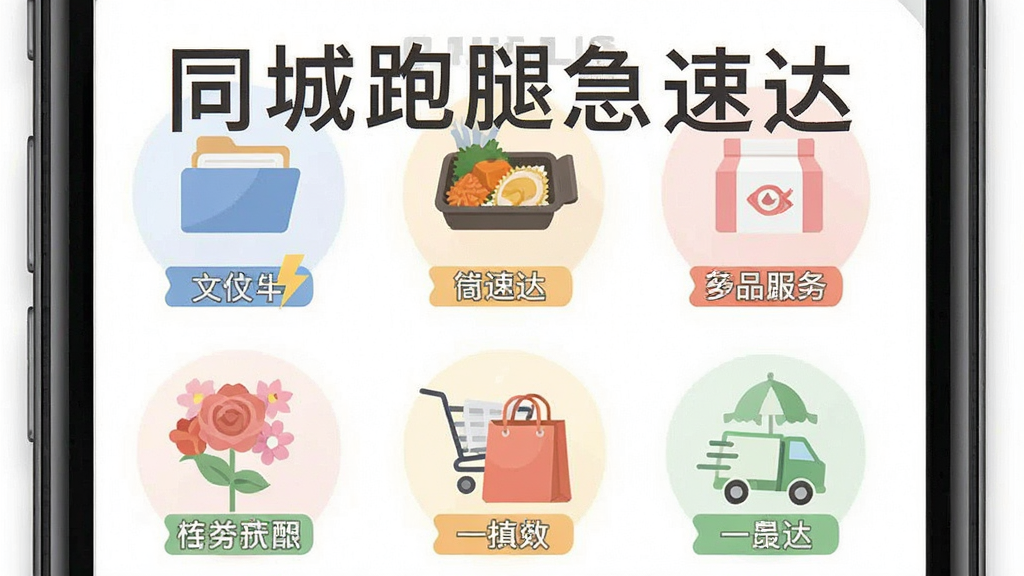 一张展示同城跑腿急速达多品类服务选项的图片,主体为手机界面中排列多个服务图标,包括文件、餐盒、药品、鲜花、购物袋等,布局为网格状,风格扁平化设计,细节突出“同城跑腿急速达”名称和各类服务标签,画质高清,干净,无多余元素