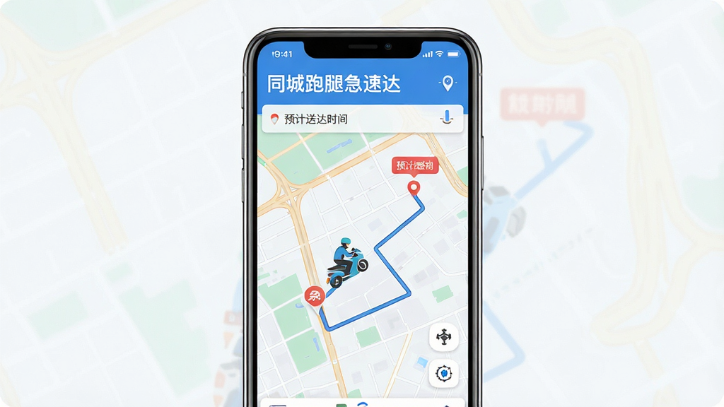 一张展示同城跑腿急速达实时轨迹追踪功能的图片,主体为手机屏幕显示地图界面,地图上有骑手移动图标和路线轨迹,布局以地图为中心,风格清晰直观,细节包含“同城跑腿急速达”文字和预计送达时间标签,画质高清,干净,无多余元素