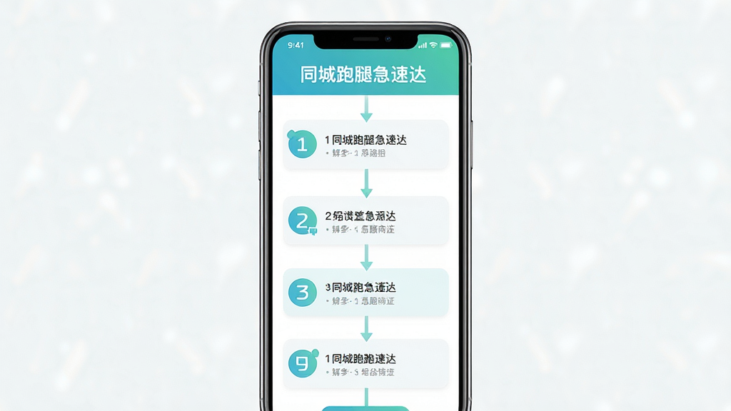 一张展示同城跑腿急速达新手使用步骤的图片,主体为手机屏幕分步展示下单流程,布局为纵向步骤条,风格清新简洁,细节包含“同城跑腿急速达”文字和步骤编号,画质高清,干净,无多余元素
