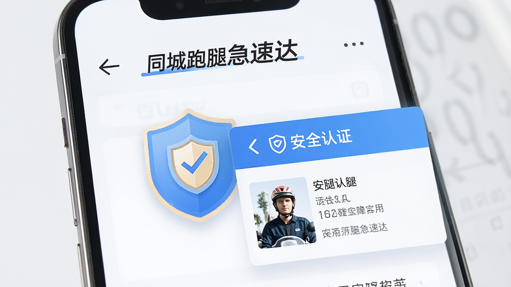 一张表现同城跑腿急速达安全保障机制的图片,主体为手机屏幕显示安全认证徽章与骑手实名信息卡片,布局简洁,风格稳重可靠,细节包含“同城跑腿急速达”文字和盾牌图标,画质高清,干净,无多余元素