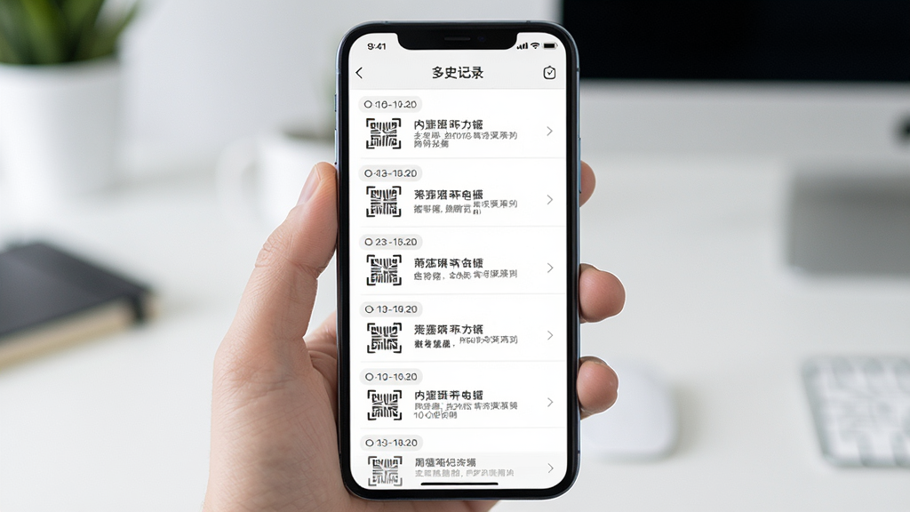 多多扫描历史记录页面展示,画面为手机屏幕显示按时间排列的扫码记录列表,布局为纵向列表式,风格为简约商务风,细节包括时间标签与内容摘要,画质清晰,干净,无多余元素