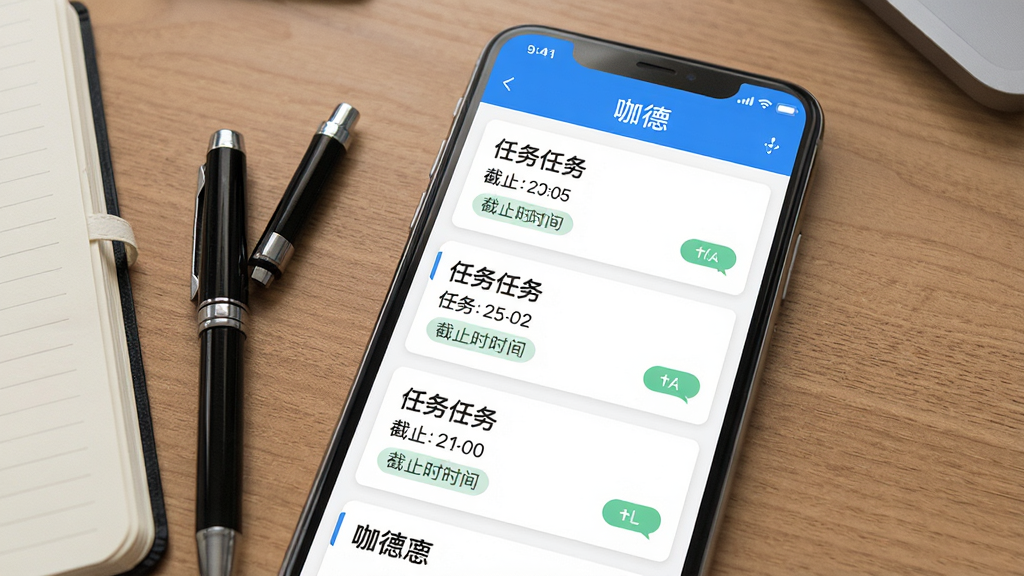 一张展示咖德APP任务管理界面的手机截图风格图片,屏幕中呈现任务卡片列表,每张卡片包含任务标题、截止时间和状态标签,界面配色以白色和蓝色为主,手机旁边放着一支笔和笔记本,背景为木质桌面,整体风格商务简洁,文字清晰显示“咖德”,画质高清干净