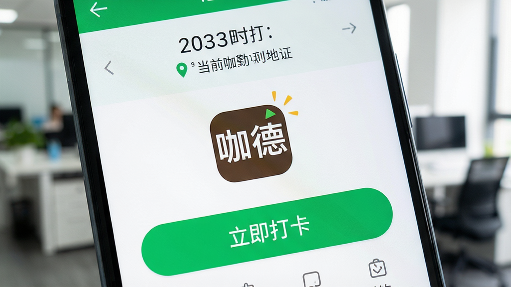 一部安卓手机屏幕特写,显示咖德APP的考勤打卡页面,绿色大按钮写着“立即打卡”,上方显示当前时间和定位地址,背景是办公室环境虚化,整体色调清新明亮,画面中央突出“咖德”应用标识,风格写实,画质清晰,无杂乱元素