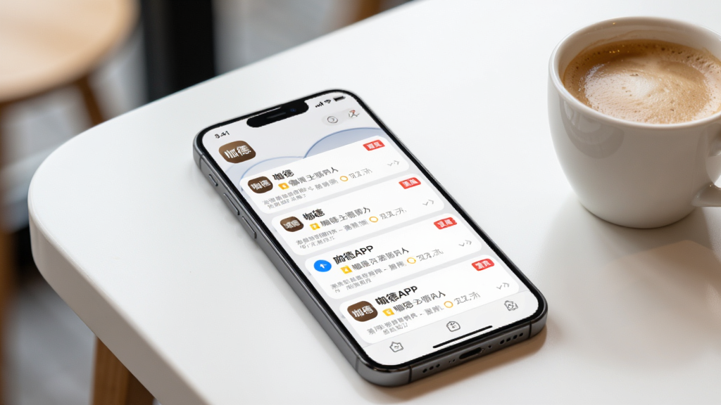 一部手机展示咖德APP的消息通知界面,屏幕中排列着多条通知卡片,带有蓝色未读标记和红色重要标签,手机放置在白色桌面上,旁边有一杯咖啡,背景虚化柔和,画面风格现代简约,清晰展示“咖德”应用图标,画质细腻,无多余元素