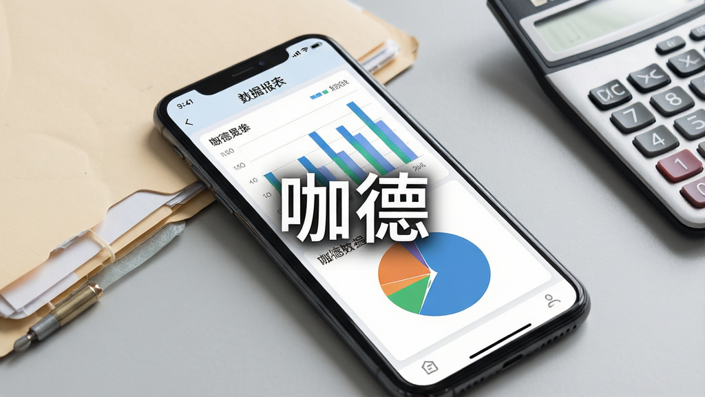 一张展示咖德APP数据报表页面的手机效果图,屏幕中呈现柱状图和饼状图,数据标签清晰可见,手机斜放在办公桌上,旁边有文件夹和计算器,背景为浅灰色,整体风格专业商务,画面中央显示“咖德”品牌字样,画质高清,构图干净整洁