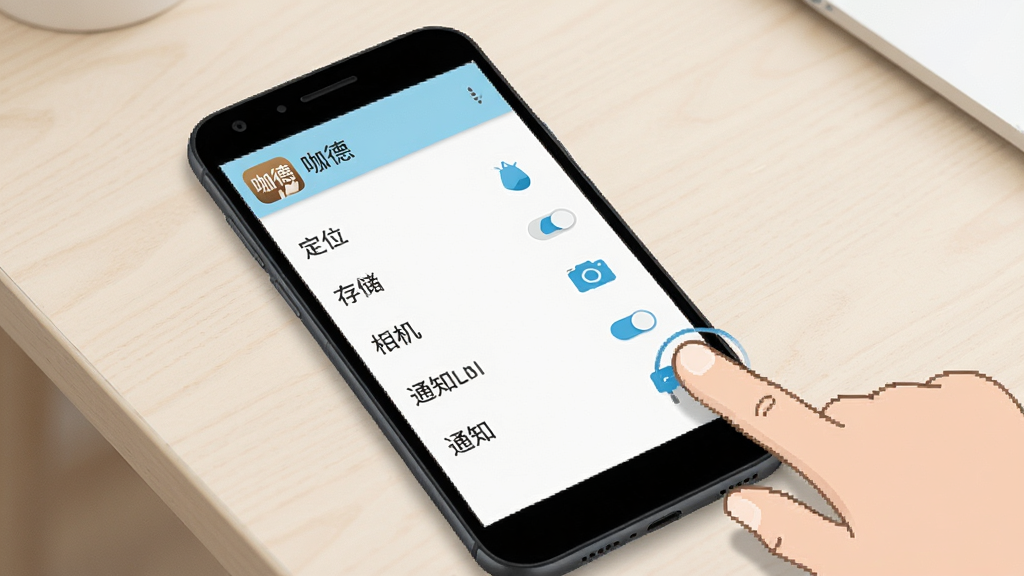 一张展示安卓手机中咖德APP权限设置页面的示意图,屏幕中列出定位、存储、相机、通知等权限开关,旁边有手指点击操作的示意,背景为浅色桌面,风格简洁直观,画面中标注“咖德”应用名称,画质清晰,无多余装饰