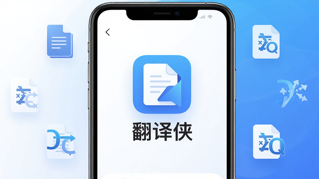一张手机屏幕展示文档翻译侠应用主界面,界面中央是文档翻译侠的图标和名称,背景是简洁的白色与蓝色渐变,周围环绕着文档图标和翻译符号,整体风格清爽现代,画质清晰,干净无多余元素
