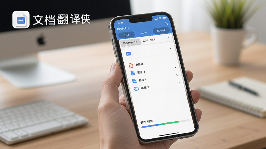一部手机屏幕显示文档翻译侠正在导入一份PDF文档,屏幕上出现文件选择列表和翻译进度条,背景是办公桌场景,画面中有文档翻译侠的文字标识,风格写实简洁,画质清晰,干净无多余元素