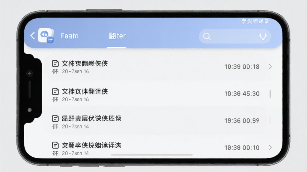 手机屏幕展示文档翻译侠的翻译历史记录页面,列表中包含多个文档名称和翻译时间,界面有文档翻译侠标识,背景是浅灰色,风格简约商务,画质清晰,干净无多余元素