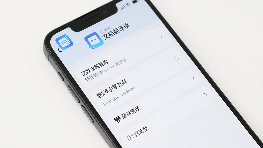 手机屏幕显示文档翻译侠的设置页面,包含权限管理、翻译引擎选择、缓存清理等选项,界面有文档翻译侠标识,背景简洁,风格清新浅色,画质清晰,干净无多余元素
