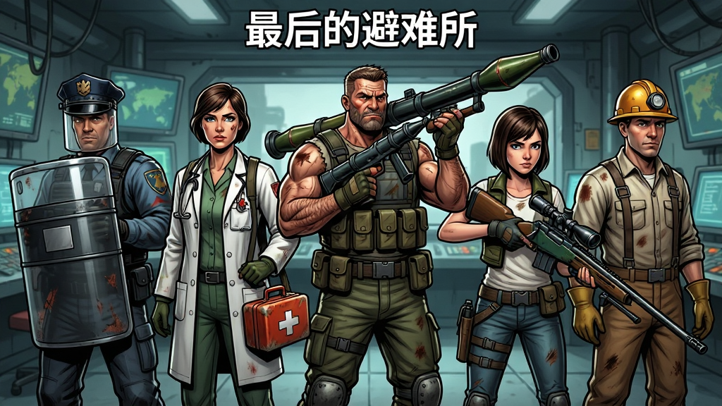 游戏内的英雄招募界面截图风格插画,画面展示五位不同职业的幸存者角色并排站立,从左到右依次为持盾防暴警察、背医药箱的医生、扛火箭筒的壮汉、拿狙击枪的少女和戴工程帽的技师,背景是避难所内部的控制室,布局为横向排列,风格为美式漫画写实风,细节包括角色身上的装备磨损痕迹和面部的坚毅表情,画质高清,画面干净,无多余元素,图片中文字为“最后的避难所”