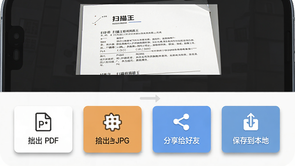 极简扫描王导出分享界面图,画面展示一部手机屏幕,屏幕上显示着扫描完成的文档缩略图,下方有导出为PDF、导出为JPG、分享给好友、保存到本地四个大按钮,界面风格为简洁商务风,细节包括清晰的图标和按钮阴影效果,画质高清,画面干净,无多余元素。