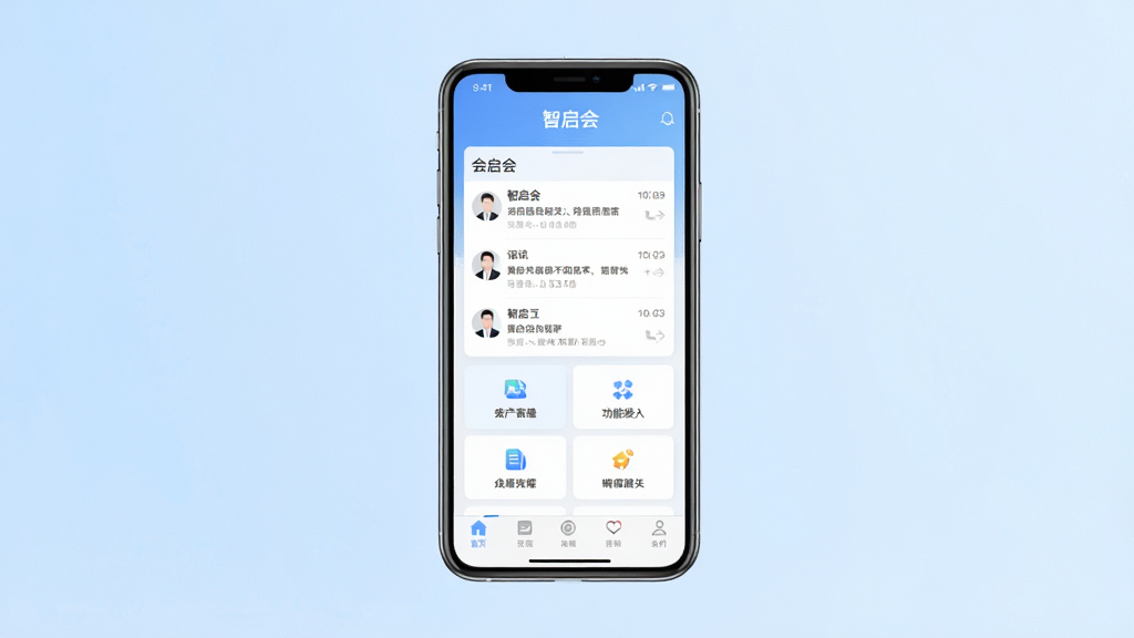 智启会APP主界面展示,手机屏幕居中放置,界面采用浅色卡片式布局,顶部显示软件名称“智启会”,中部为会话列表与功能入口,底部为导航栏,背景为干净渐变浅蓝,风格简洁商务,细节清晰,画质明亮,干净无多余元素