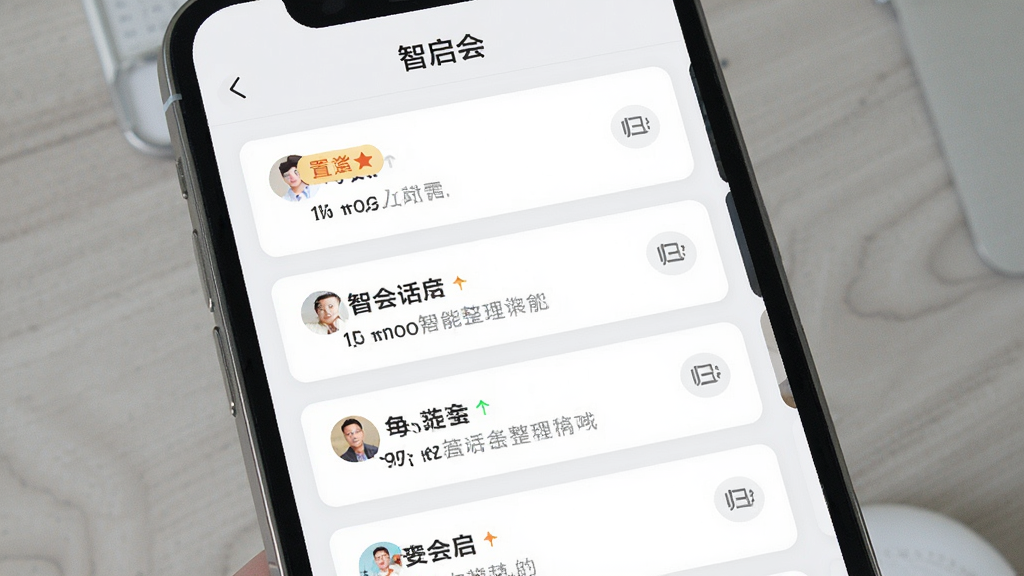 智启会智能会话整理功能界面,手机屏幕中显示多条会话记录,部分记录带有置顶标签和归档图标,界面为浅灰色背景搭配白色卡片,顶部有“智启会”字样,风格清新浅色,细节清晰,画质干净,无多余元素