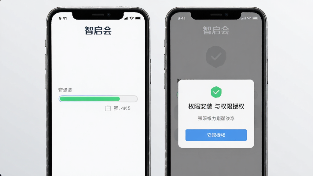 智启会移动端安装与权限设置示意图,手机屏幕显示安装进度条和权限授权弹窗,界面带有“智启会”标识,背景为浅灰渐变,风格简约商务,细节清晰,画质干净,无多余元素