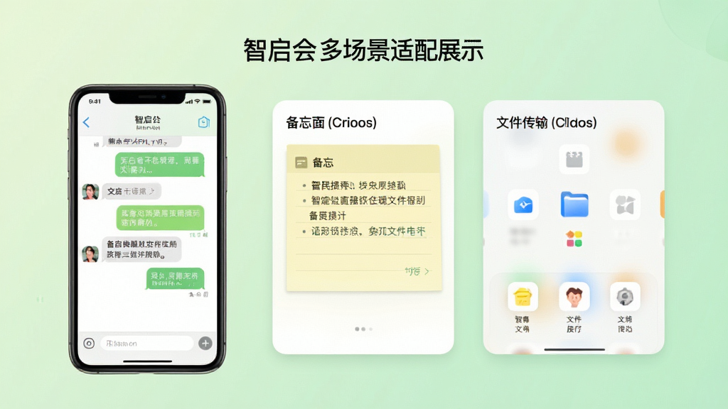 智启会多场景适配展示,画面中一部手机同时呈现聊天窗口、备忘便签和文件传输三个功能模块,布局为三卡片并列,背景为柔和浅绿渐变,风格清爽素雅,细节丰富,画质清晰,干净无杂乱元素
