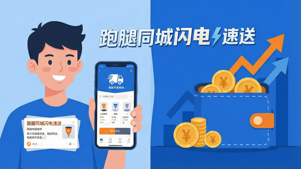 一张信息图表风格的图片,画面分为左右两部分,左侧是一位年轻人拿着手机微笑,手机屏幕显示“跑腿同城闪电速送”骑手端接单界面,右侧是钱包与收益增长的示意图表,画面中央用醒目的字体写着“跑腿同城闪电速送”,整体风格扁平化插画,色彩以蓝色和橙色为主,细节包括订单卡片、金币图标、上升箭头,画质高清,干净,无多余元素