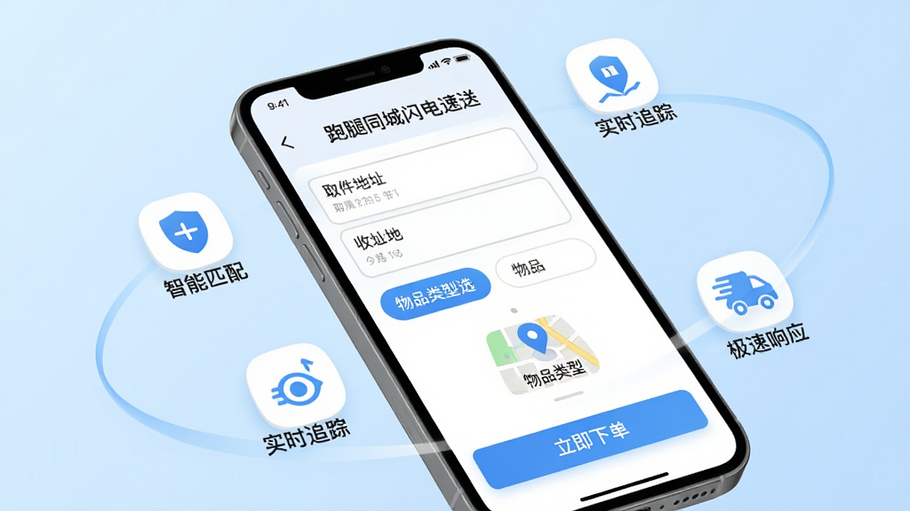 一部智能手机屏幕特写,屏幕显示“跑腿同城闪电速送”APP的订单确认页面,页面上有取件地址与收件地址的输入框、物品类型选择按钮、地图定位图标以及“立即下单”按钮,手机周围环绕着几个悬浮的功能图标代表智能匹配、实时追踪、极速响应,背景为柔和的浅蓝色渐变,风格简洁现代,画质高清,干净,无多余元素