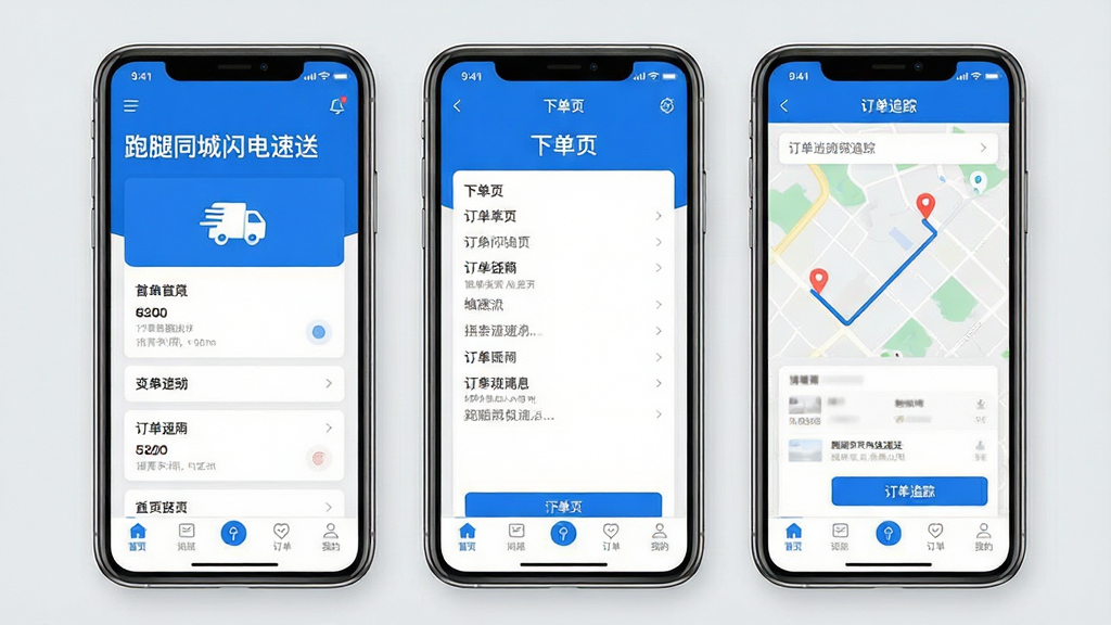 一张手机APP界面展示图,画面中并排展示三部手机,分别显示“跑腿同城闪电速送”的首页、下单页和订单追踪页,界面干净整洁,配色以白色和蓝色为主,图标线条简约,背景为浅灰色,整体风格清爽素雅,细节包括底部导航栏、卡片式布局、地图轨迹线,画质高清,干净,无多余元素